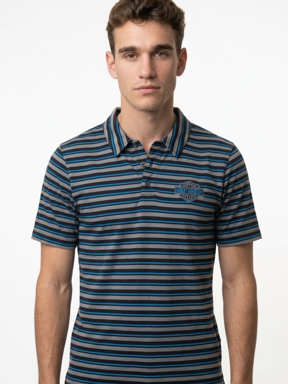 Harley-Davidson Men's Blue & Gray Striped Polo Shirt